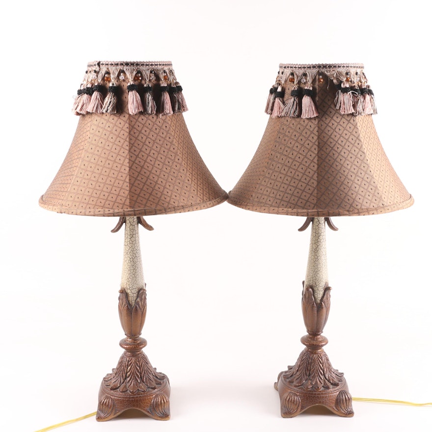 Berman Craquelure Finish Torch Style Table Lamps with Tassel Accented Shades