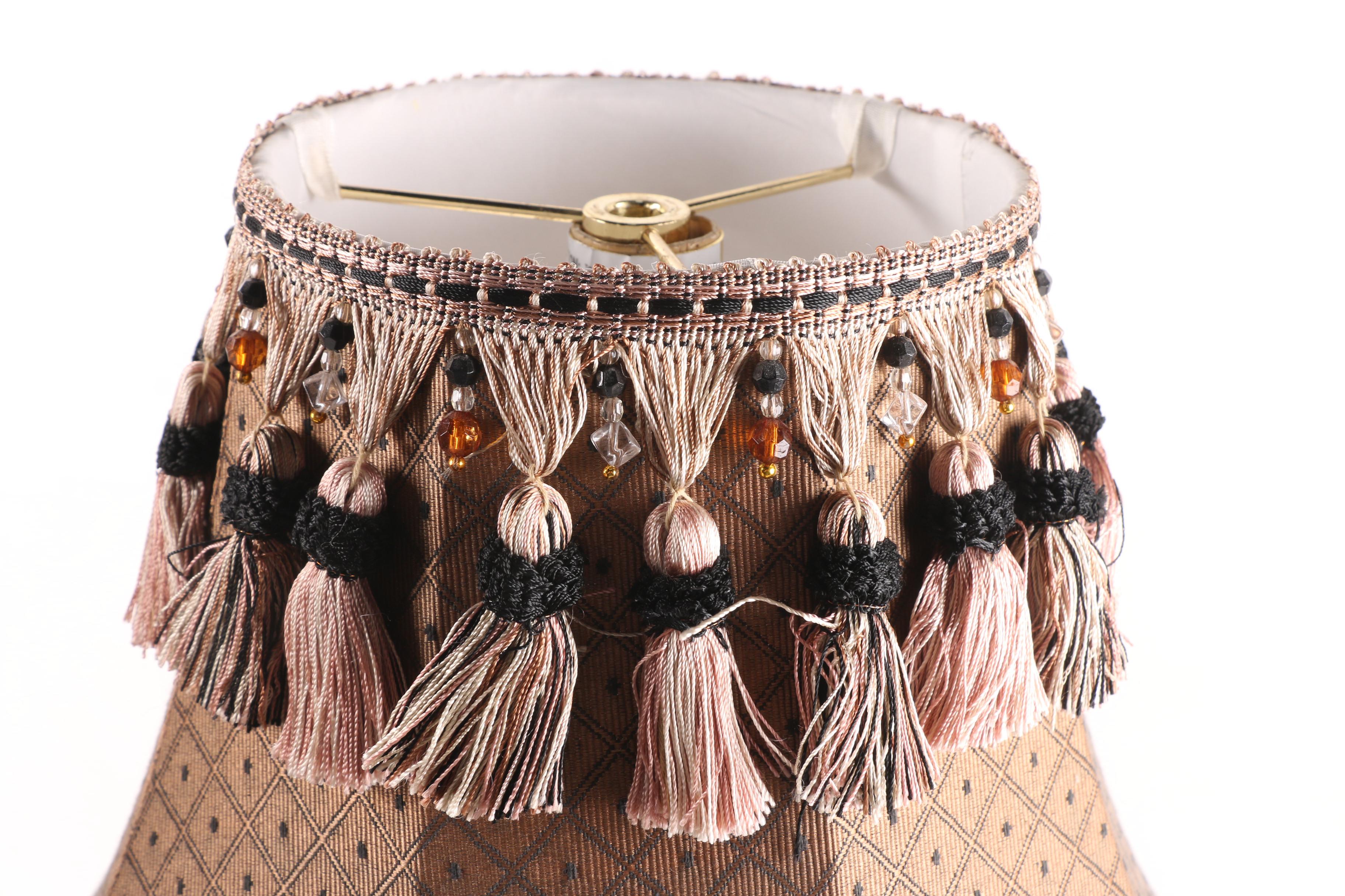 Berman Craquelure Finish Torch Style Table Lamps with Tassel Accented Shades