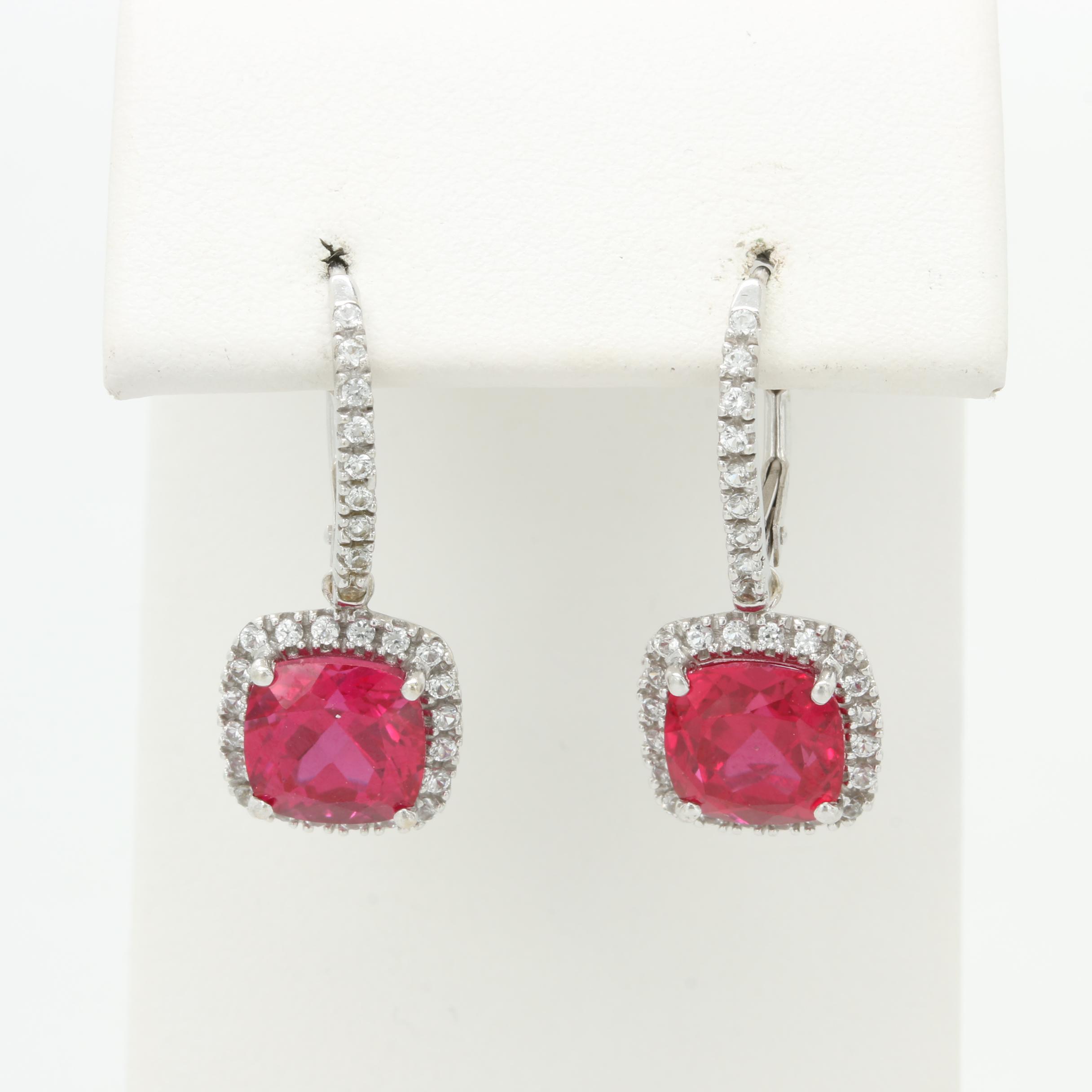 14K White Gold Synthetic Ruby and White Sapphire Earrings