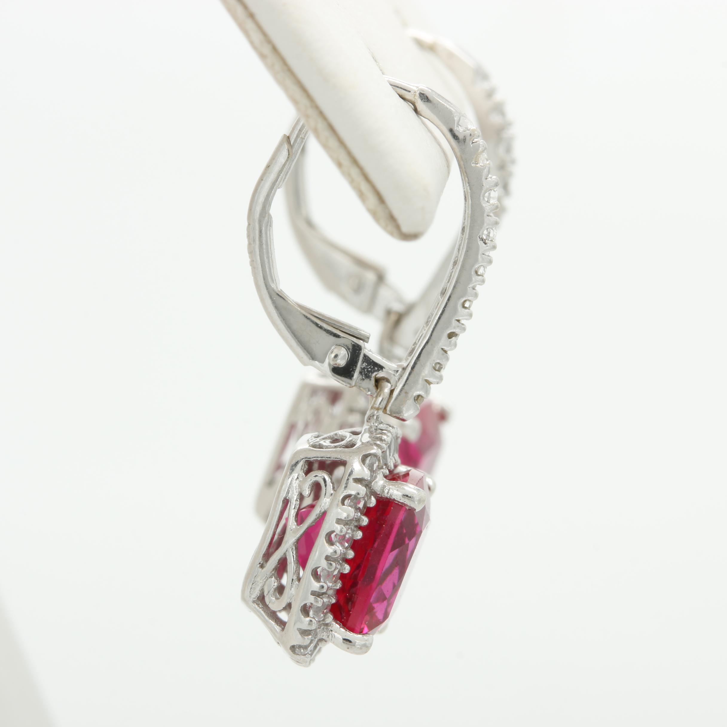 14K White Gold Synthetic Ruby and White Sapphire Earrings