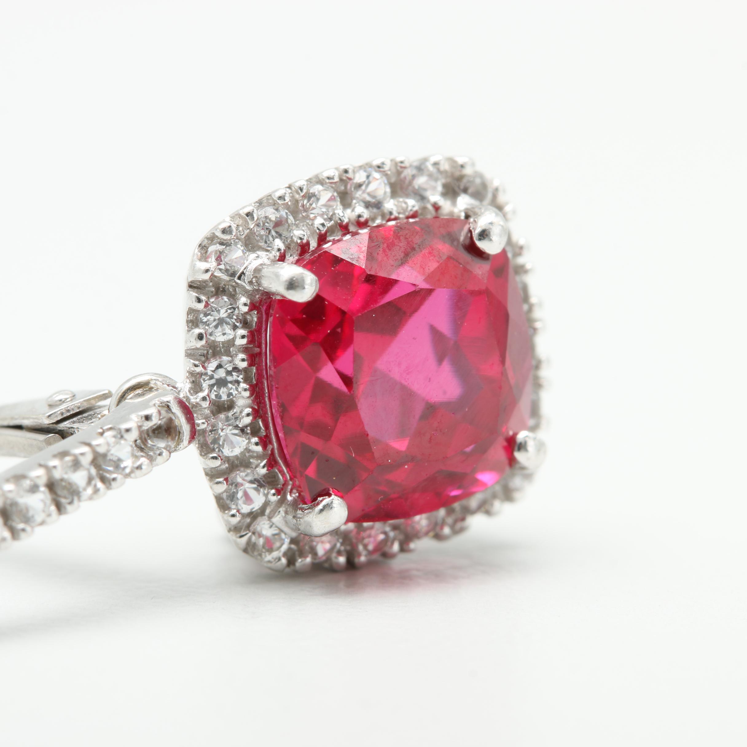 14K White Gold Synthetic Ruby and White Sapphire Earrings