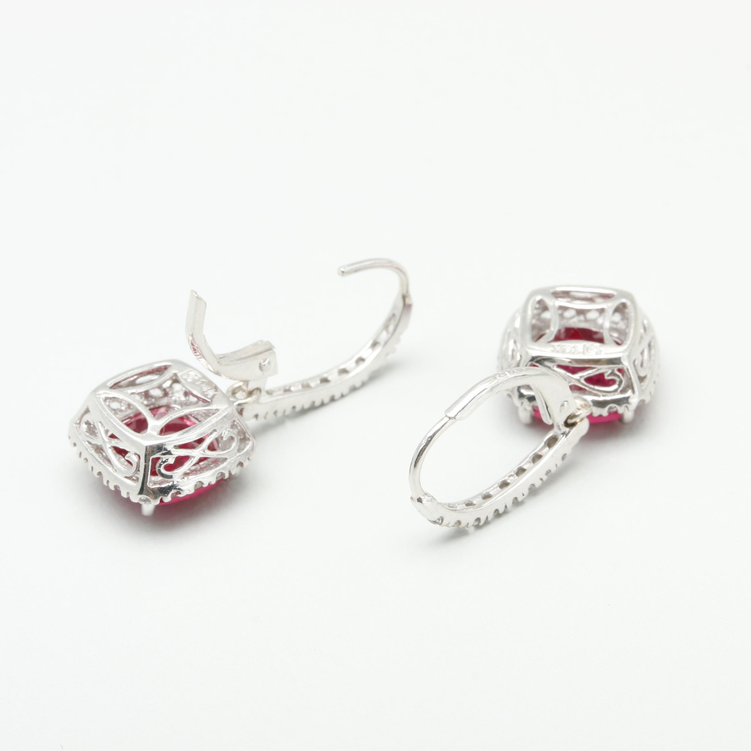 14K White Gold Synthetic Ruby and White Sapphire Earrings