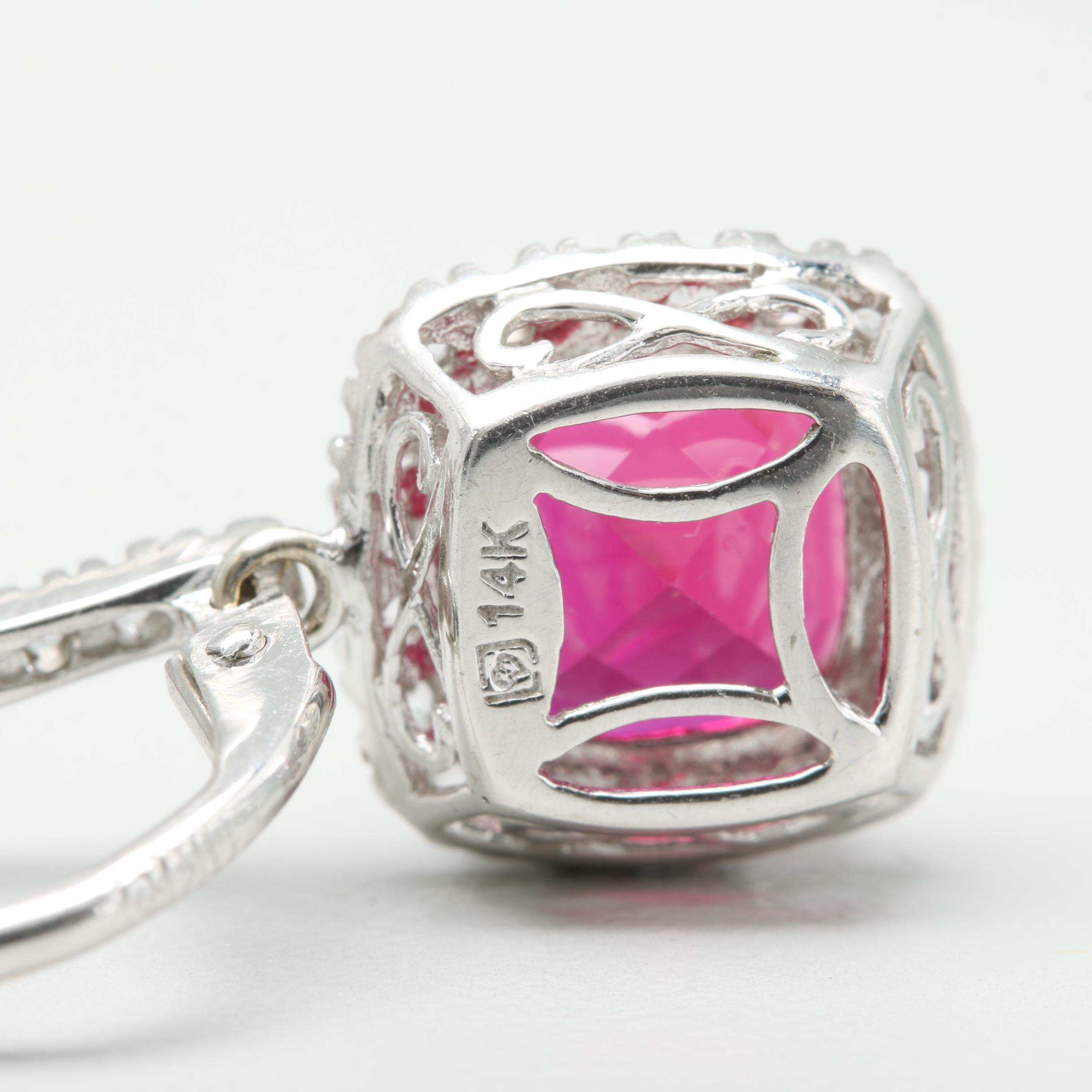 14K White Gold Synthetic Ruby and White Sapphire Earrings