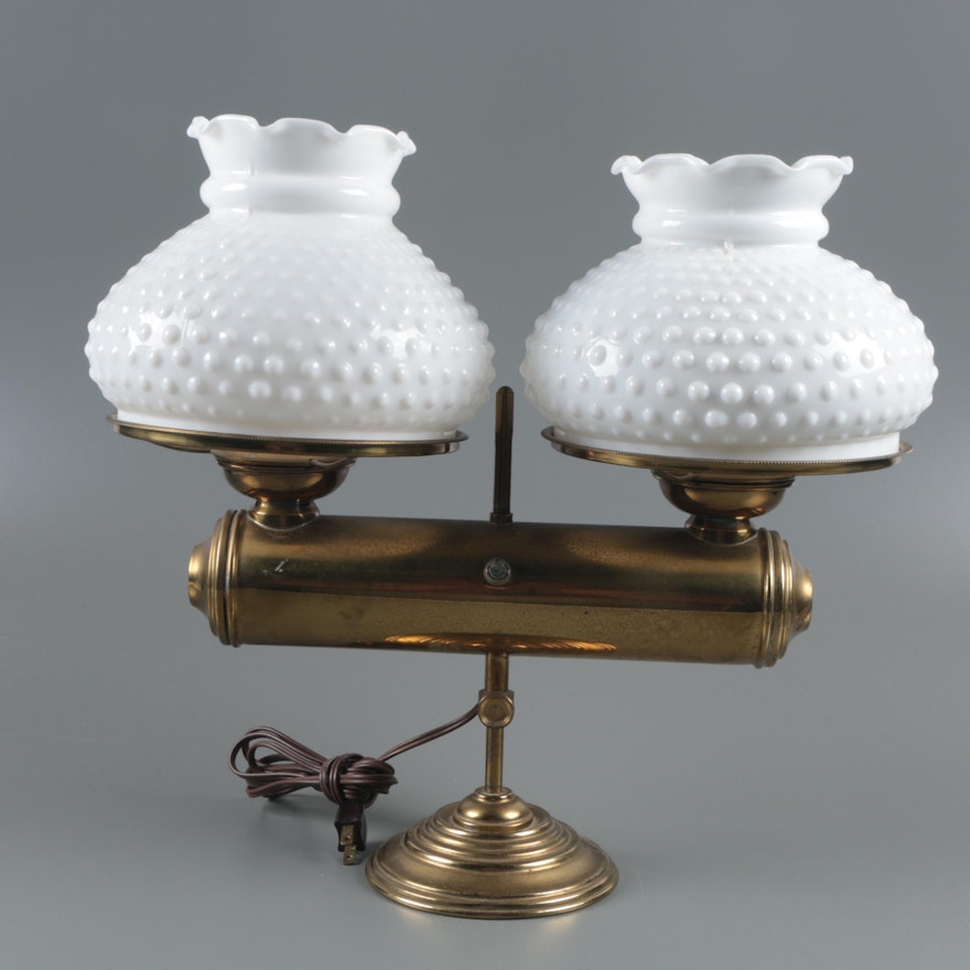 Converted Victorian Kerosene Double Student Lamp with Milk Glass Shades