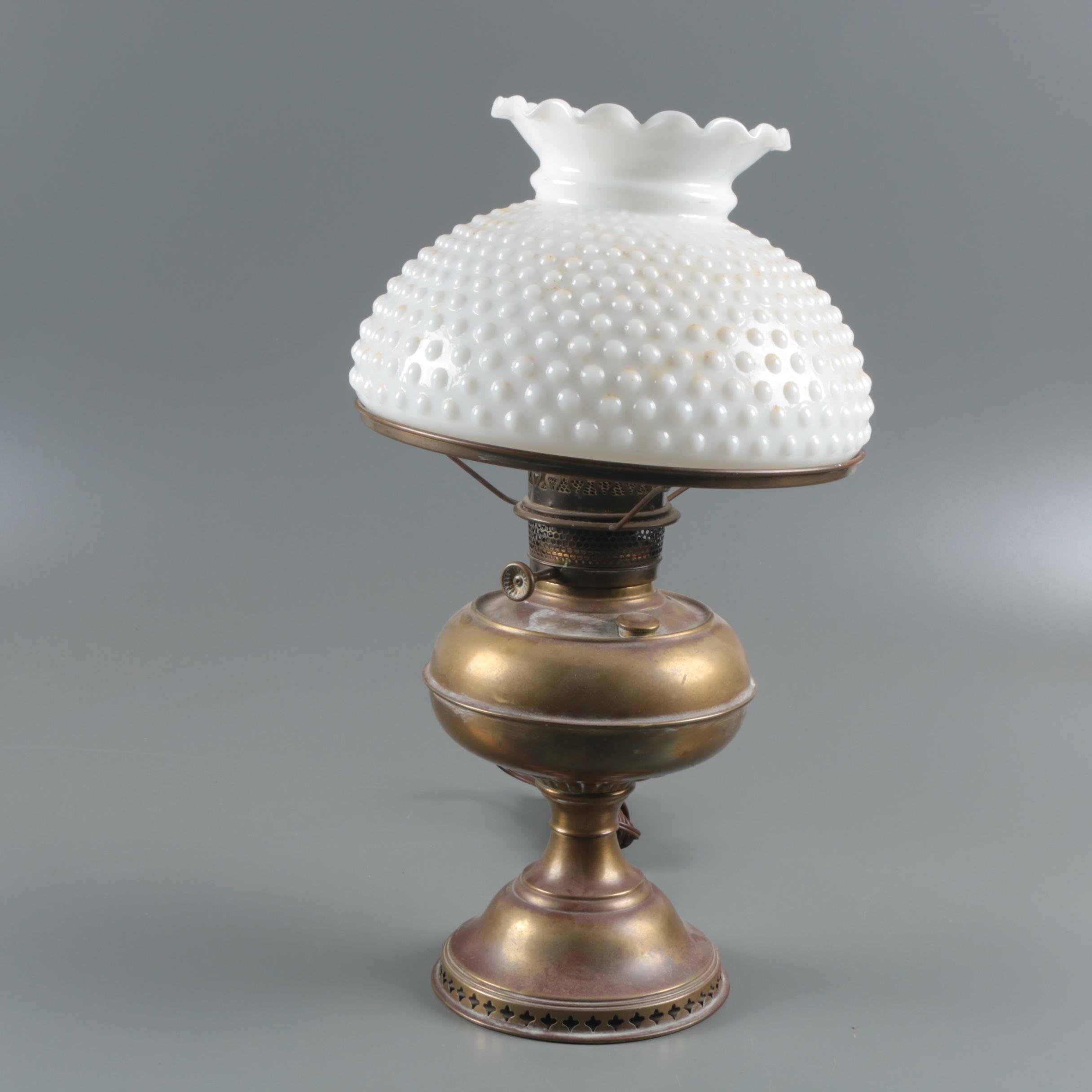 Converted Victorian Brass Oil Lamp with Hobnail Milk Glass Shade