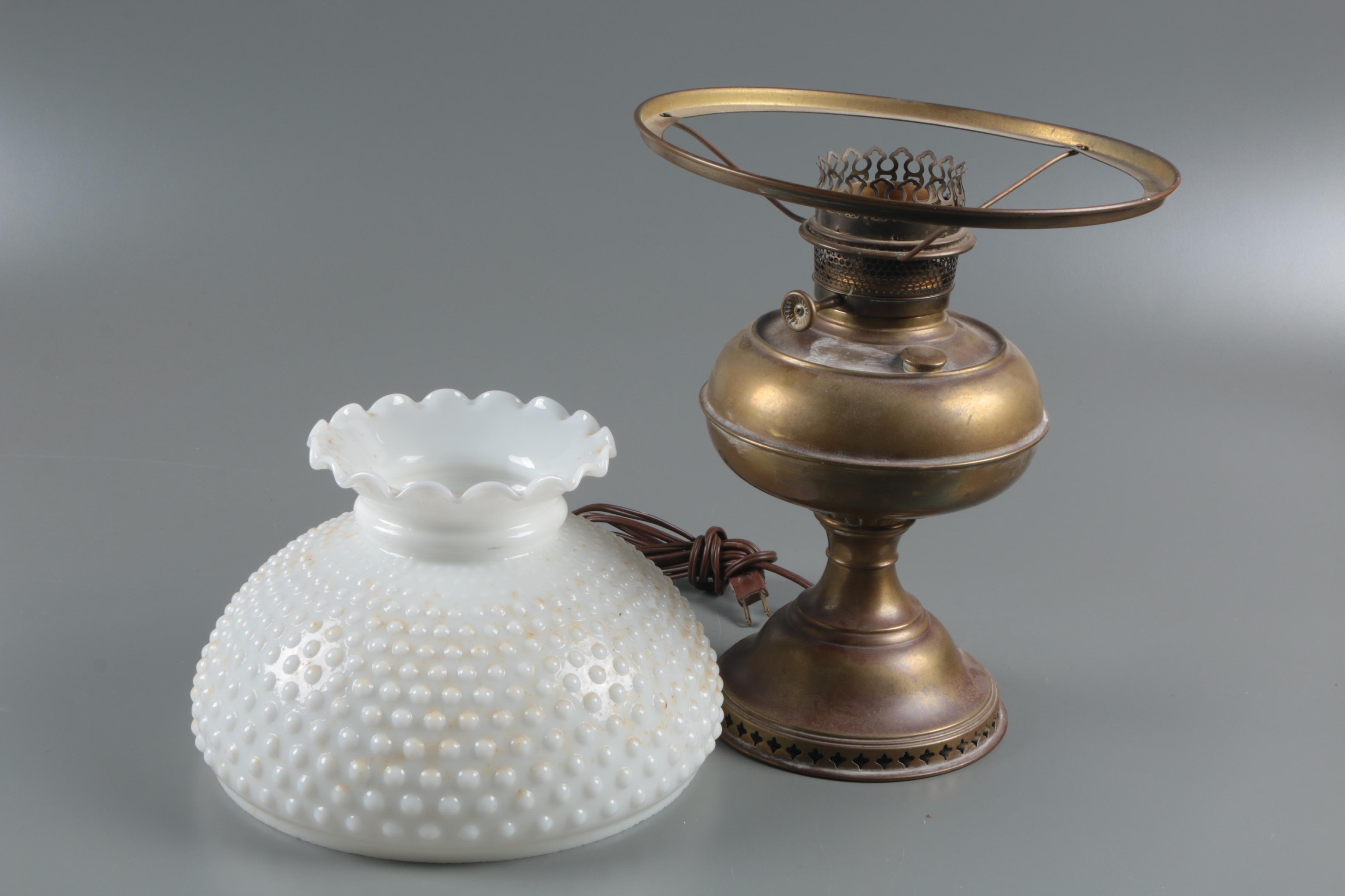 Converted Victorian Brass Oil Lamp with Hobnail Milk Glass Shade