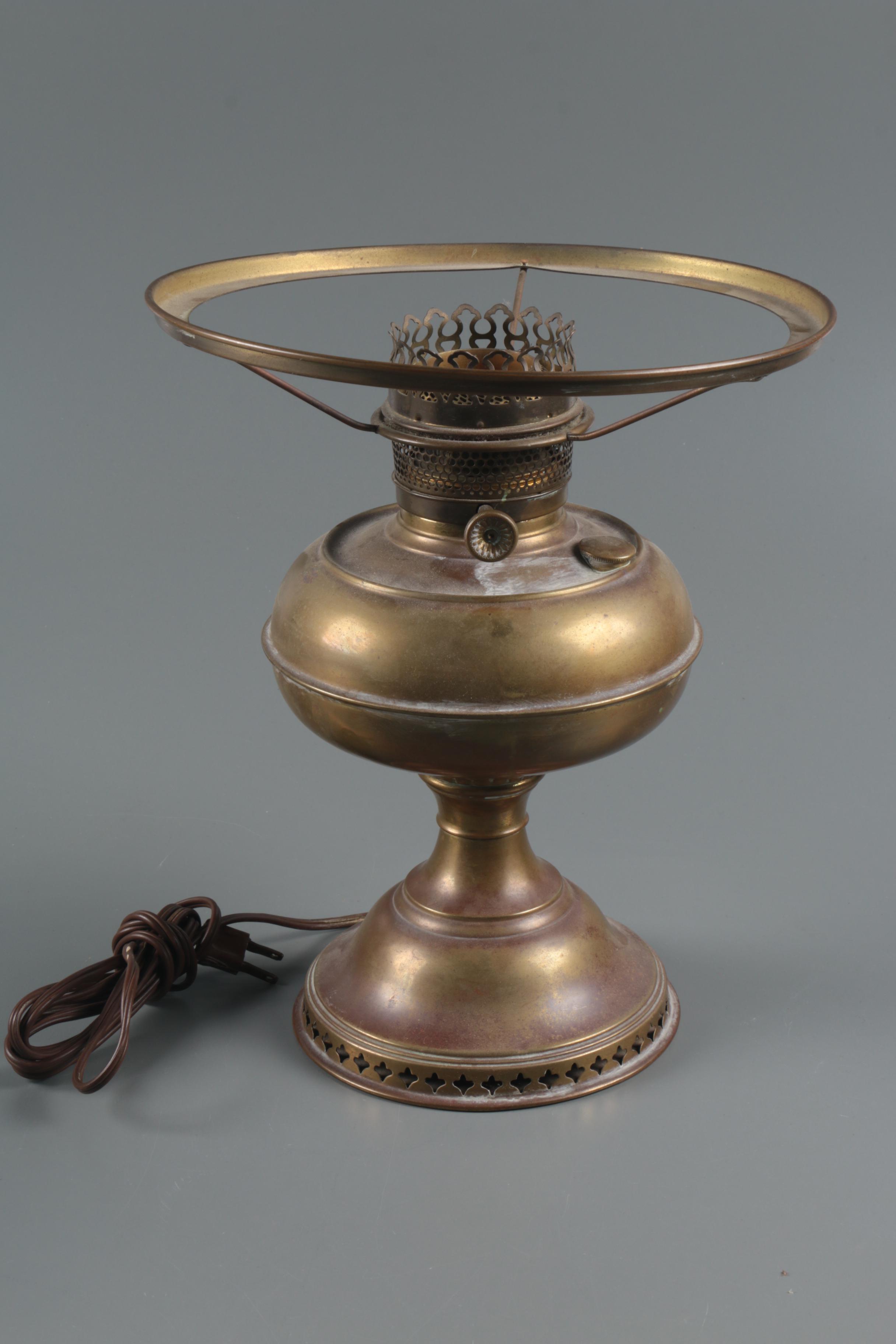 Converted Victorian Brass Oil Lamp with Hobnail Milk Glass Shade