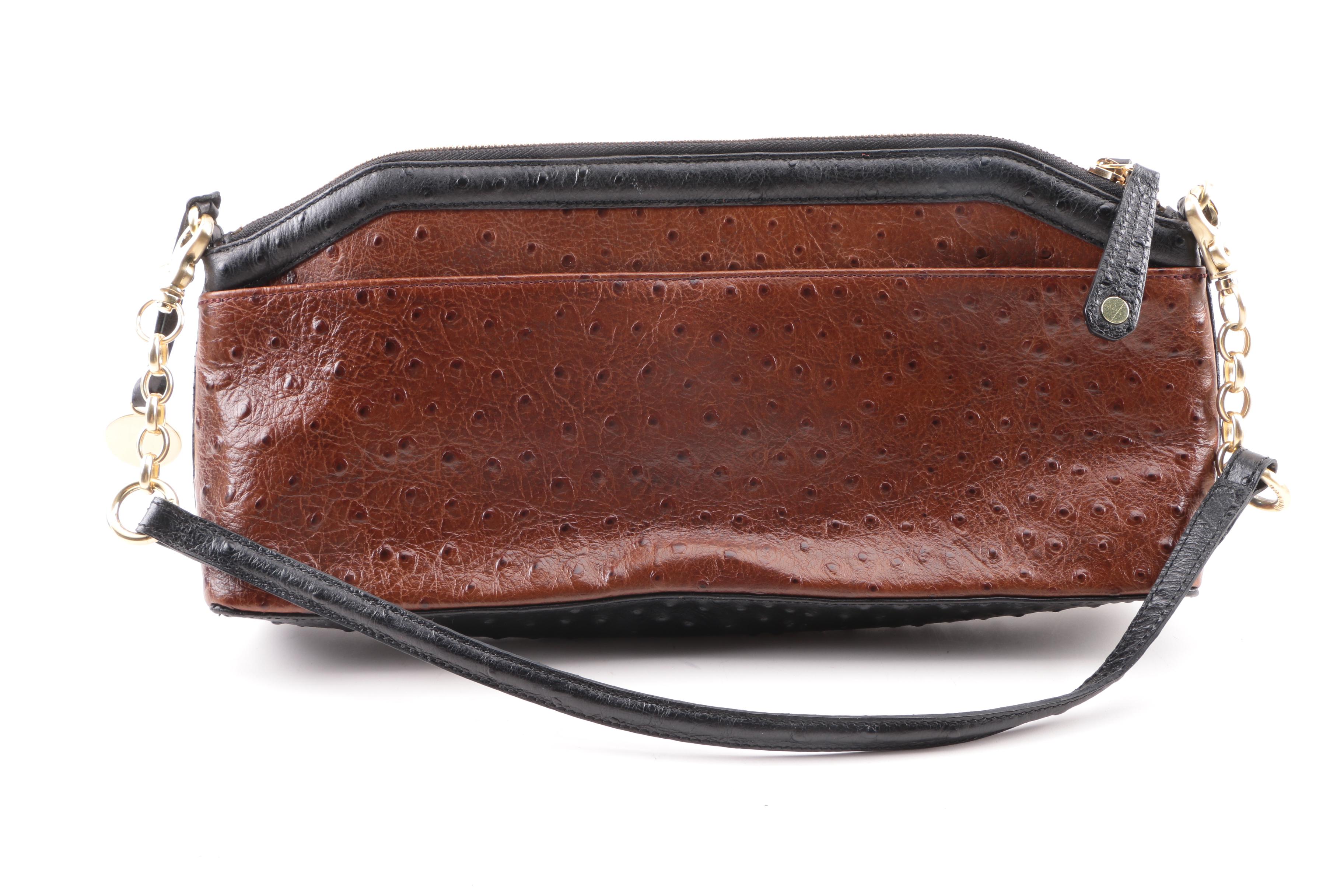 Brahmin Ostrich Embossed Brown Leather Top Handle Bag