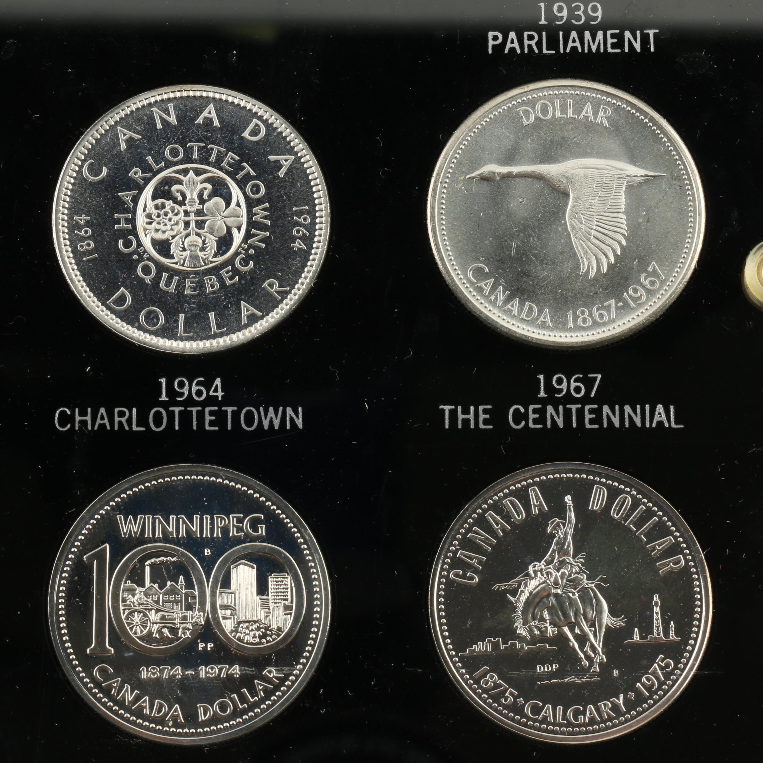Set of Ten Canadian Commemorative Silver Dollars, 1935 to 1975