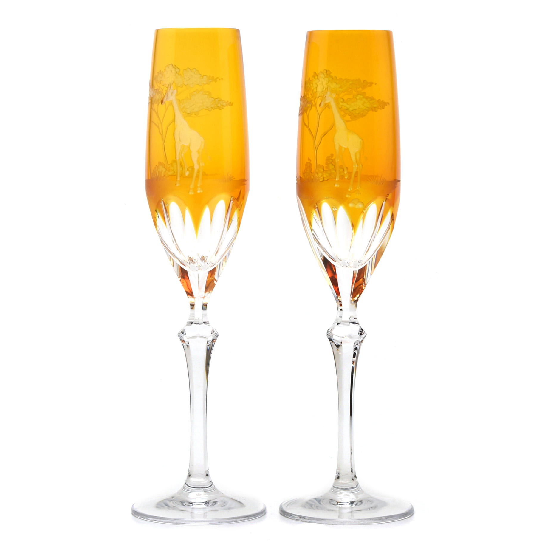 Varga "Safari" Cased Amber Crystal Champagne Flutes