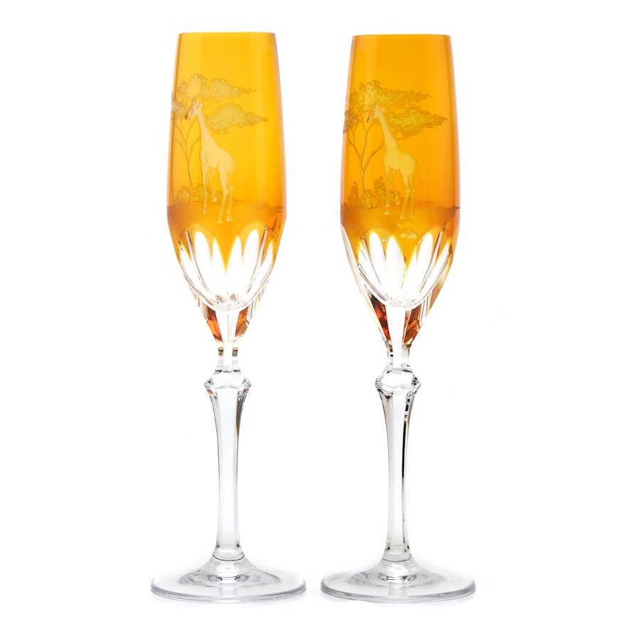 Varga "Safari" Cased Amber Crystal Champagne Flutes