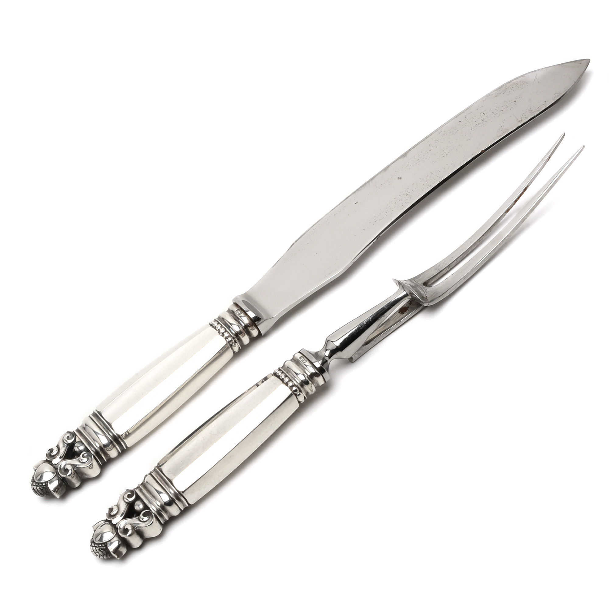 Georg Jensen Sterling Silver Handled "Acorn" Carving Knife and Fork Set
