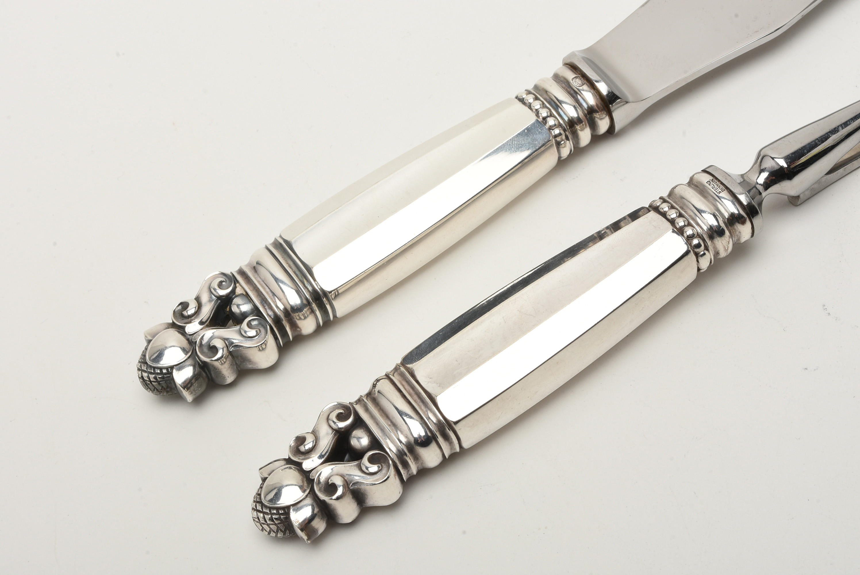 Georg Jensen Sterling Silver Handled "Acorn" Carving Knife and Fork Set