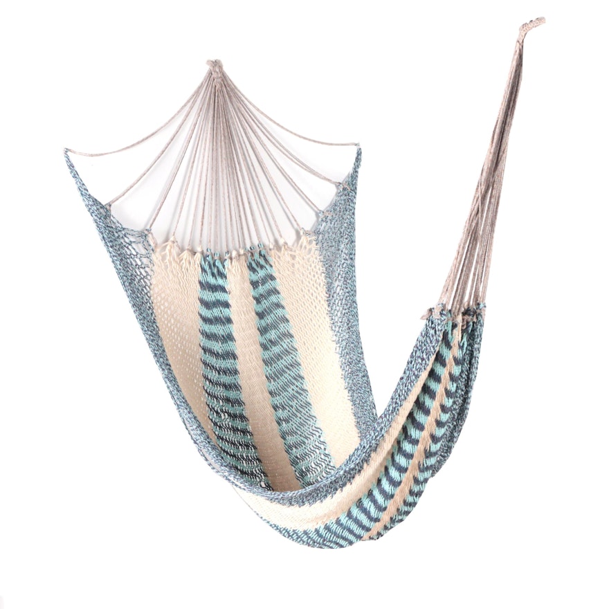 Blue and White Striped Woven Hammock