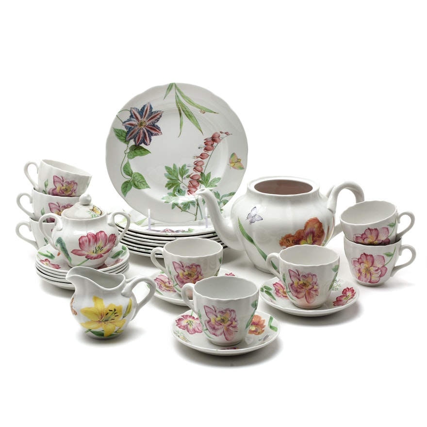 Spode  "English Floral" Dessert Plates, Cups, Saucers and Three-Piece Tea set