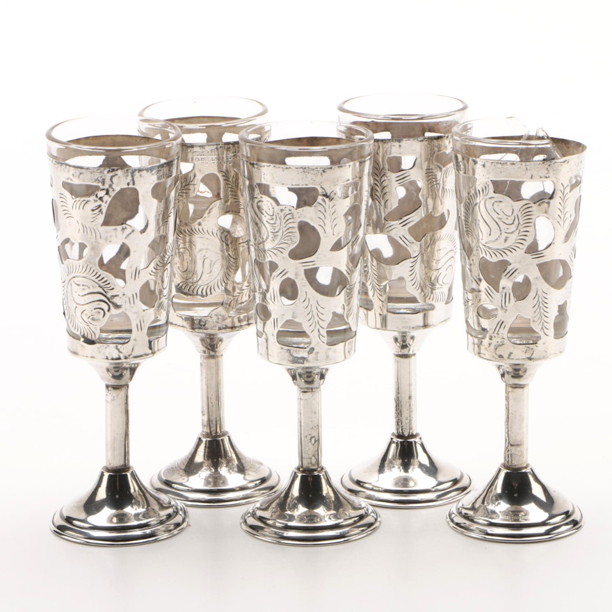 Vintage Mexican Sterling Silver Overlaid Cordial Glass Set