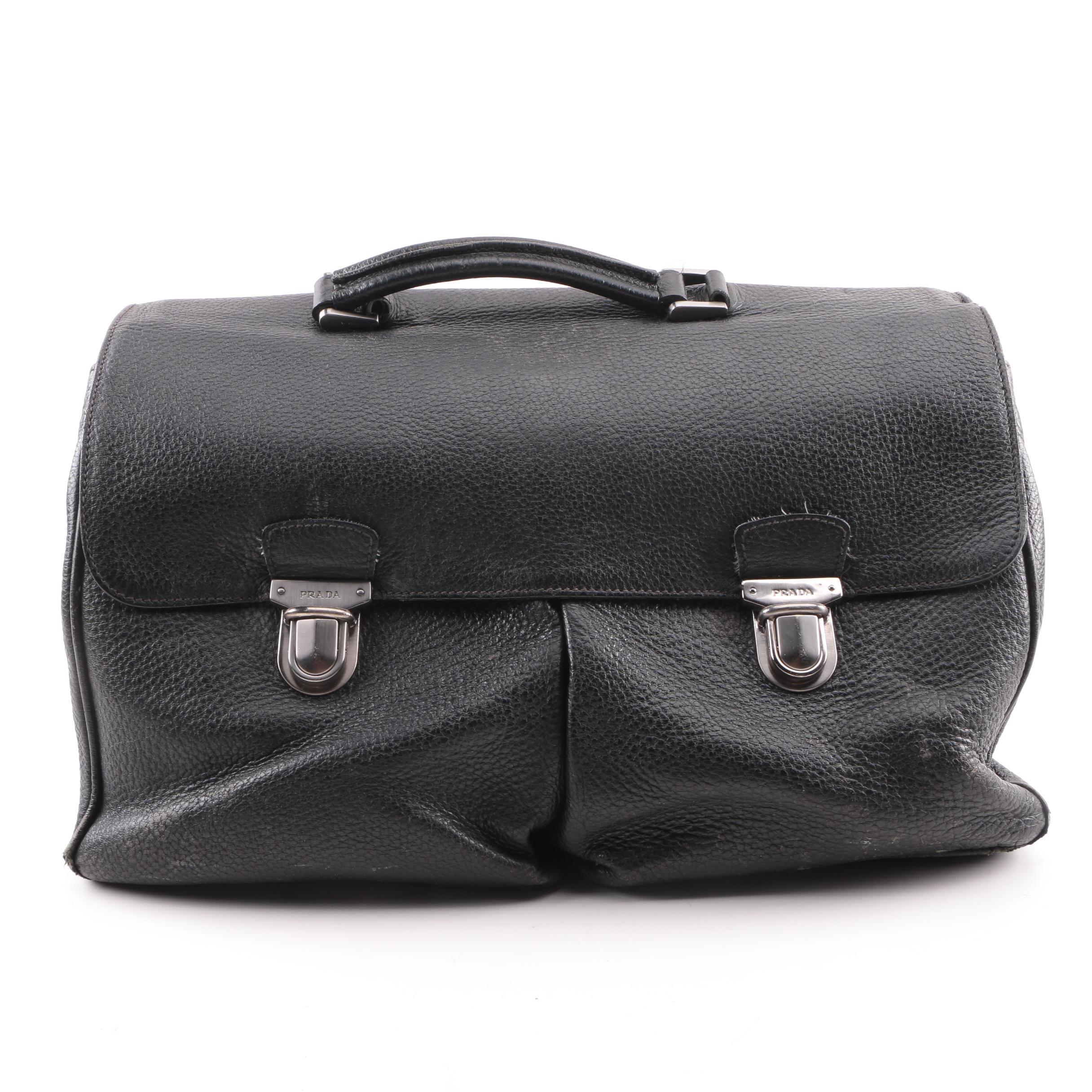Prada Black Pebbled Leather Briefcase