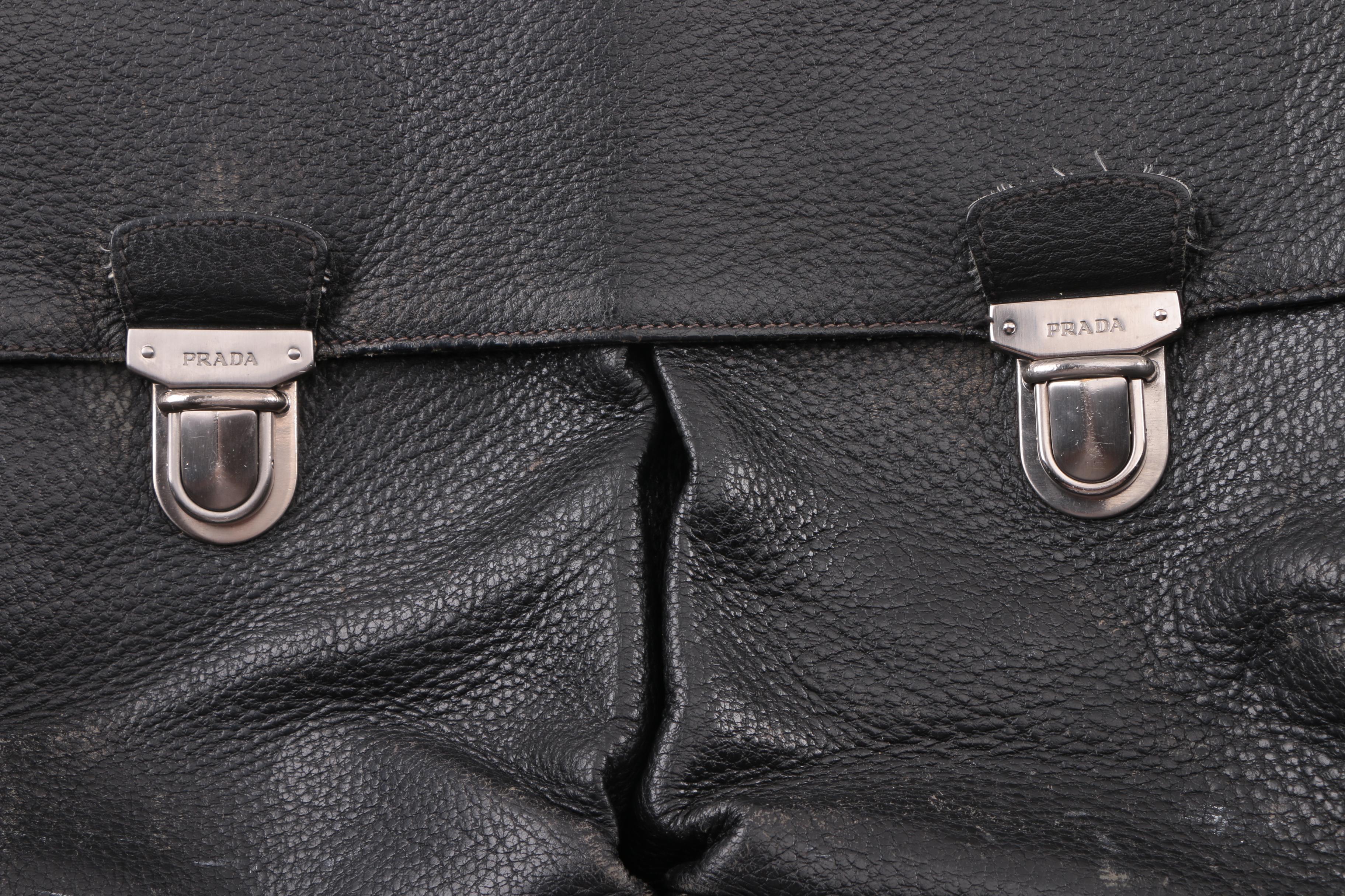 Prada Black Pebbled Leather Briefcase
