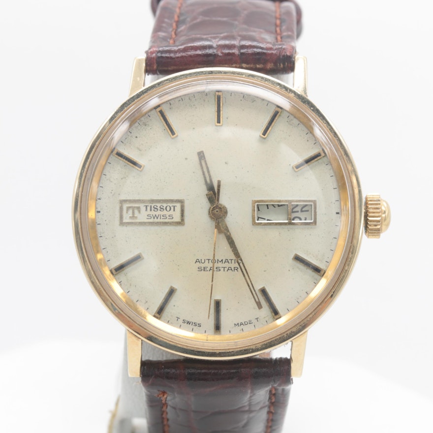 Tissot 14K Yellow Gold Wristwatch with a Brown Leather Strap