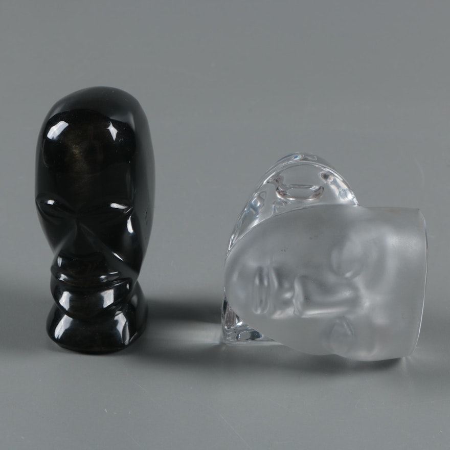 Daum Signed "Comedy & Tragedy" Crystal Paperweight with Sheen Obsidian Figurine