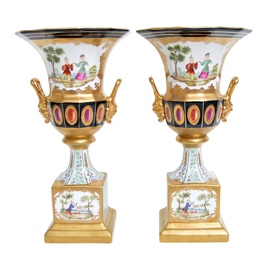 Pair of Chelsea House Old Paris Style Chinoiserie Decorated Porcelain Urns