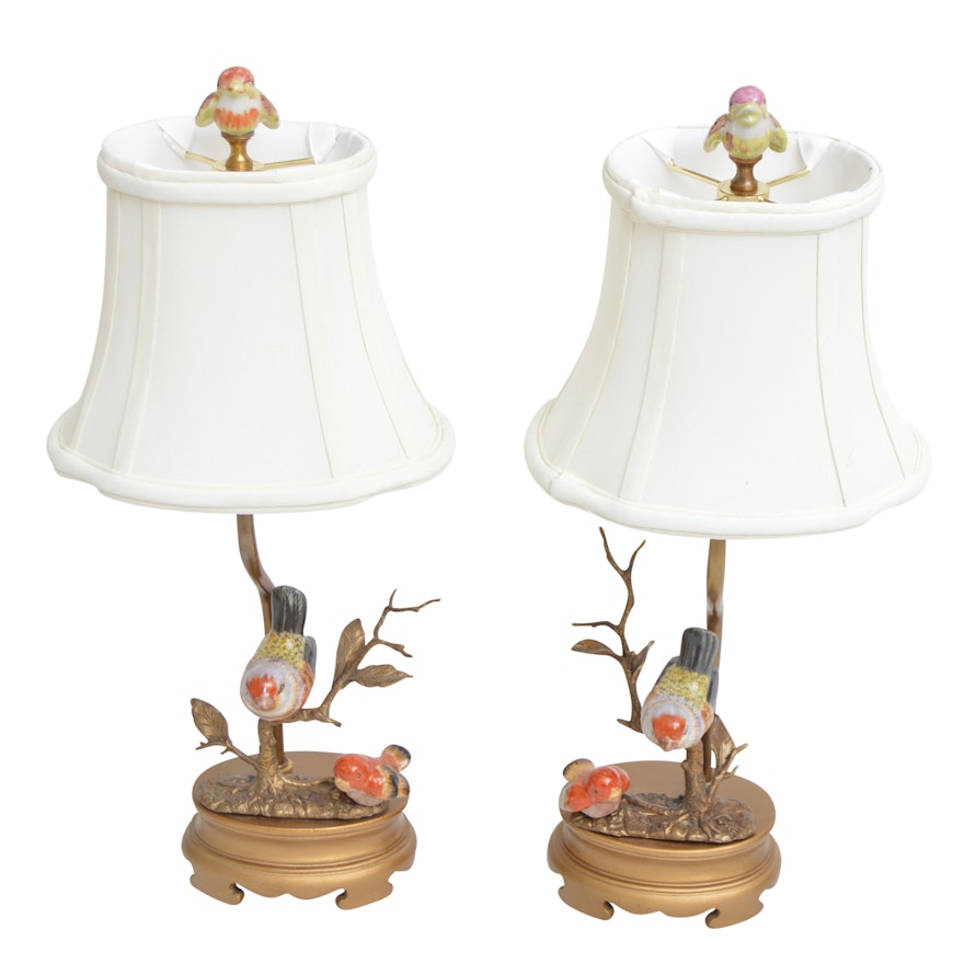 Pair of Brass and Porcelain Bird Lamps