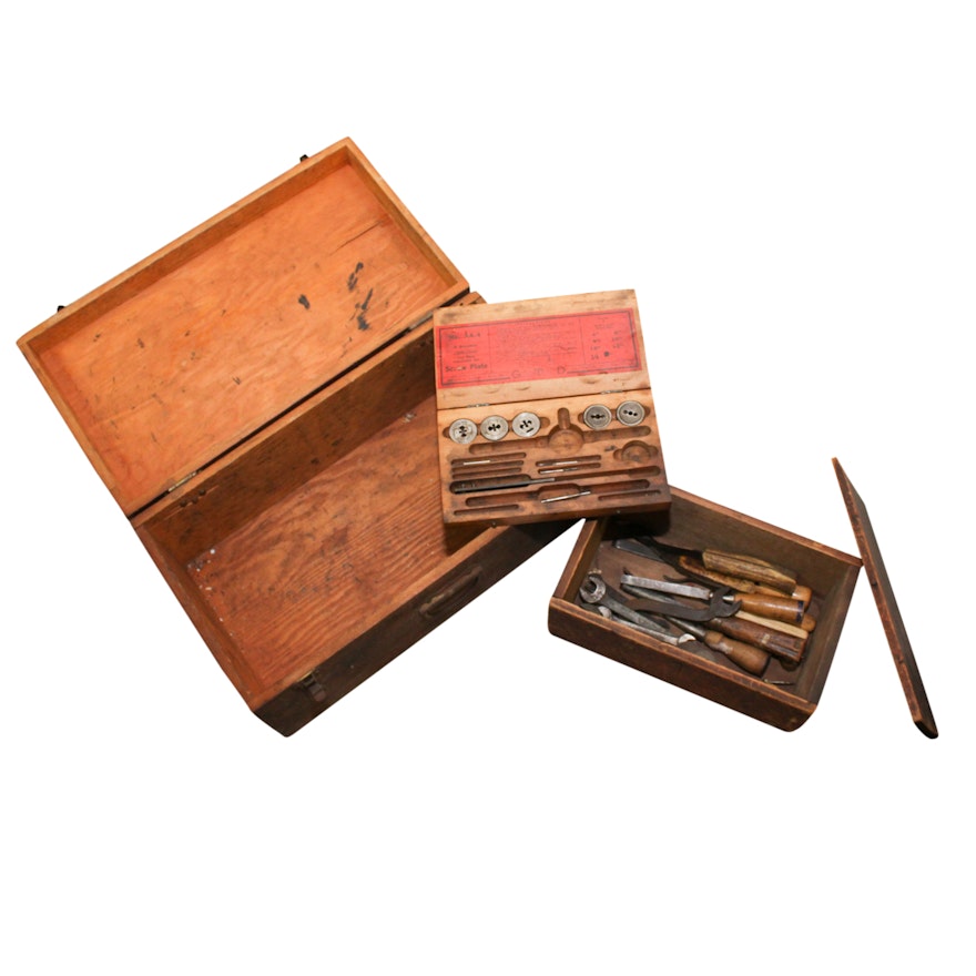 Two Vintage Wooden Toolboxes and Tools