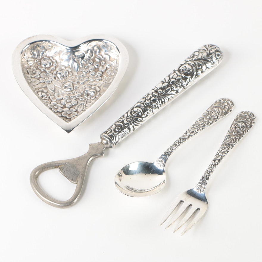 Kirk-Stieff Co. "Repoussé" Sterling Baby Flatware, Heart Tray, and Bottle Opener