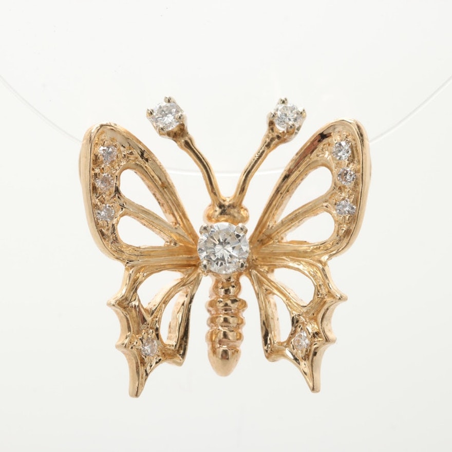 14K Yellow Gold Diamond Butterfly Pendant