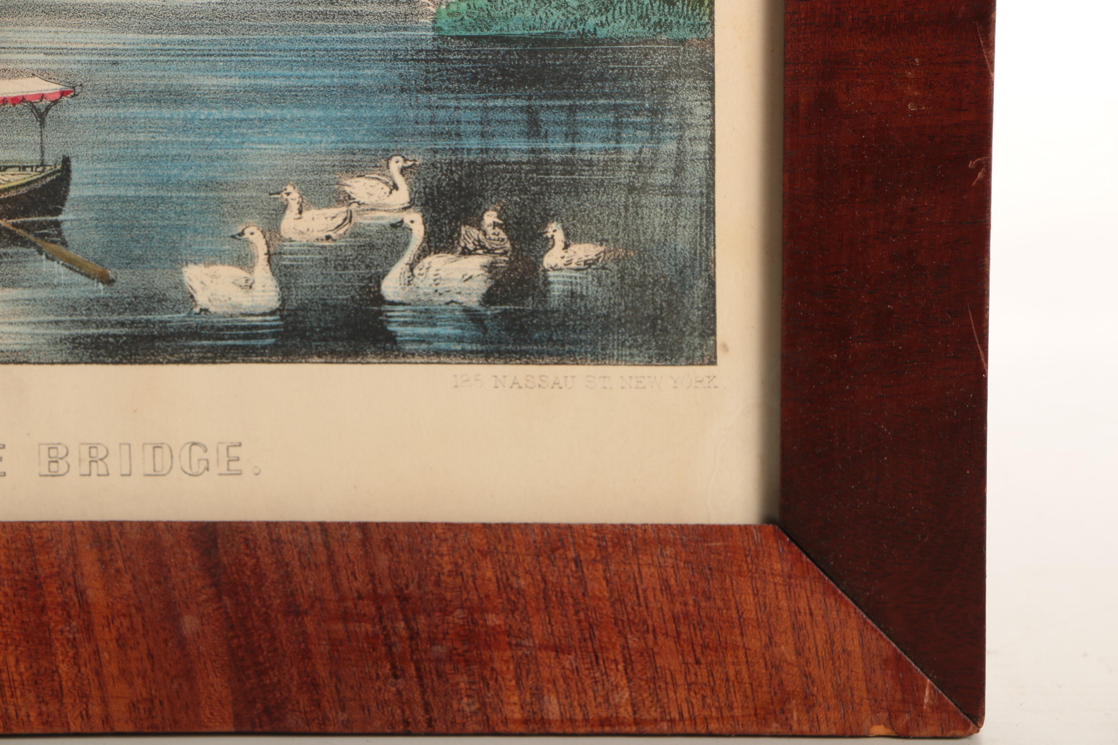 Currier and Ives Hand-Colored Lithograph "Central Park - The Bridge"