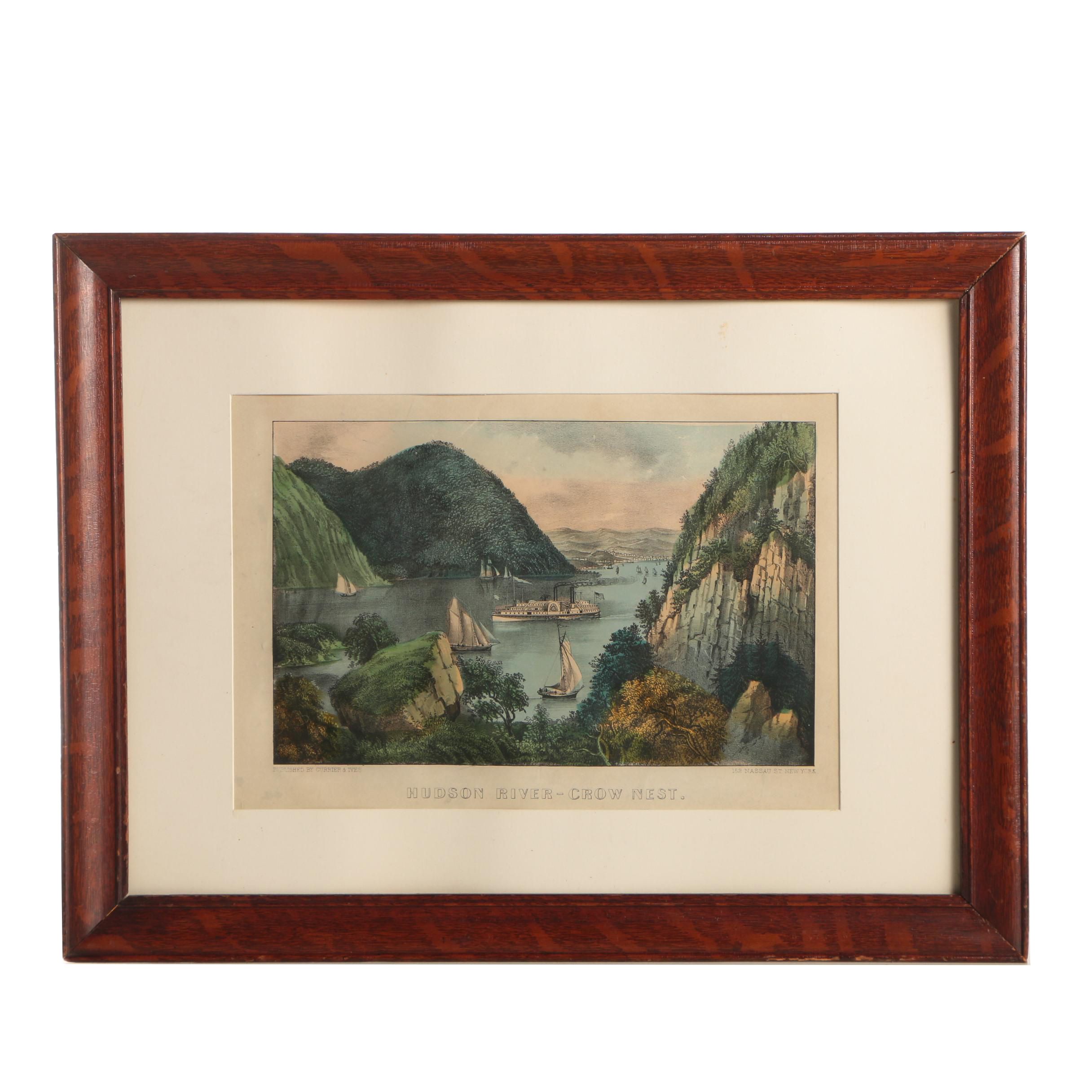 Currier and Ives Hand-Colored Lithograph "Hudson River - Crow Nest"