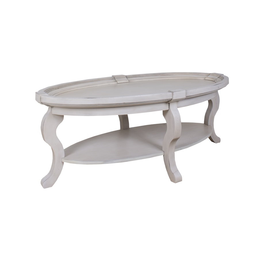 White Oval Coffee Table with Distressed Finish