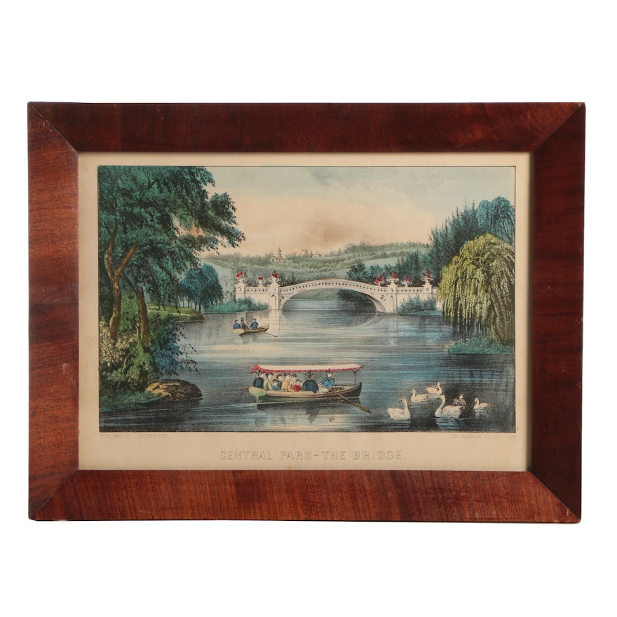 Currier and Ives Hand-Colored Lithograph "Central Park - The Bridge"