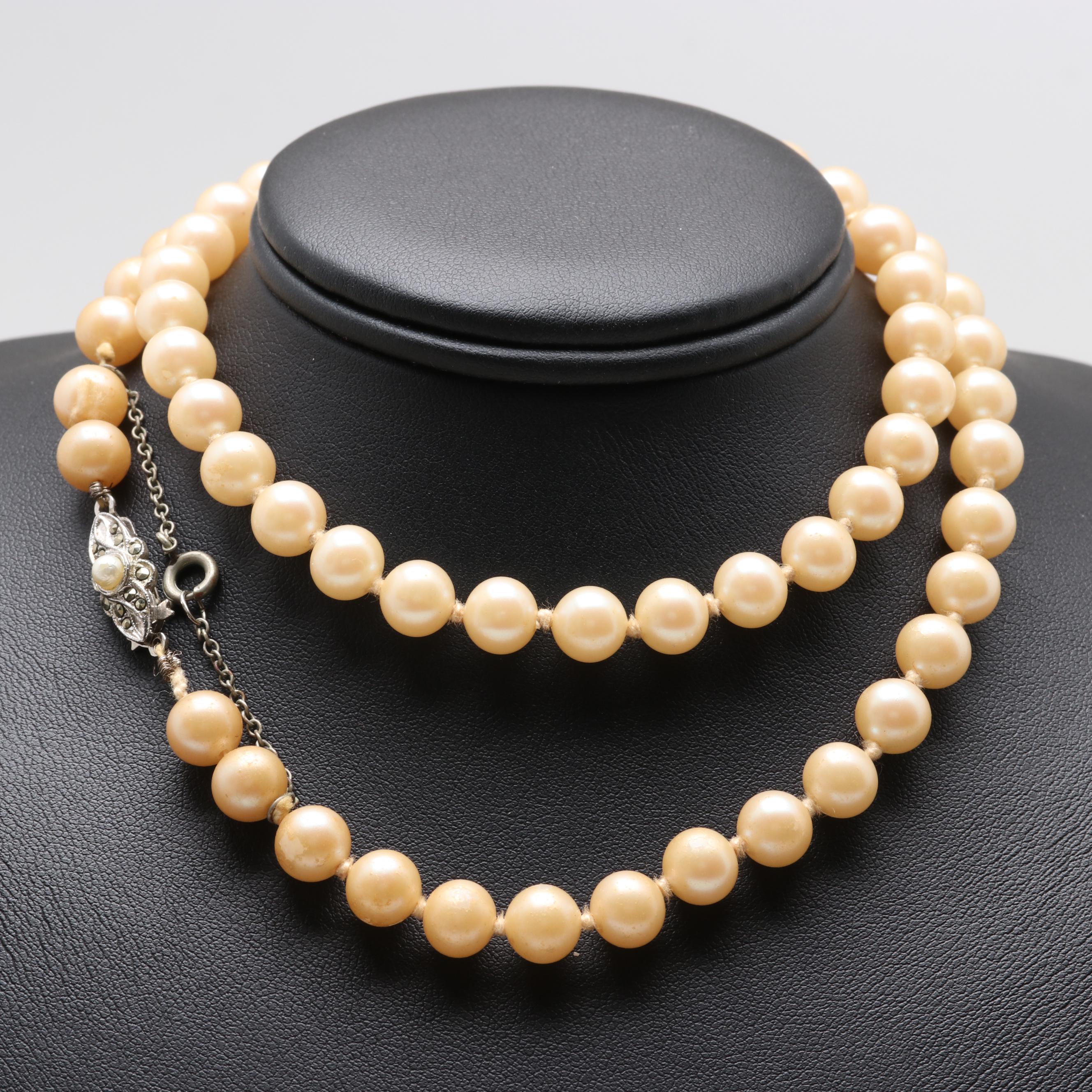 Vintage 800 Silver and Silver Tone Imitation Pearl and Marcasite Necklace