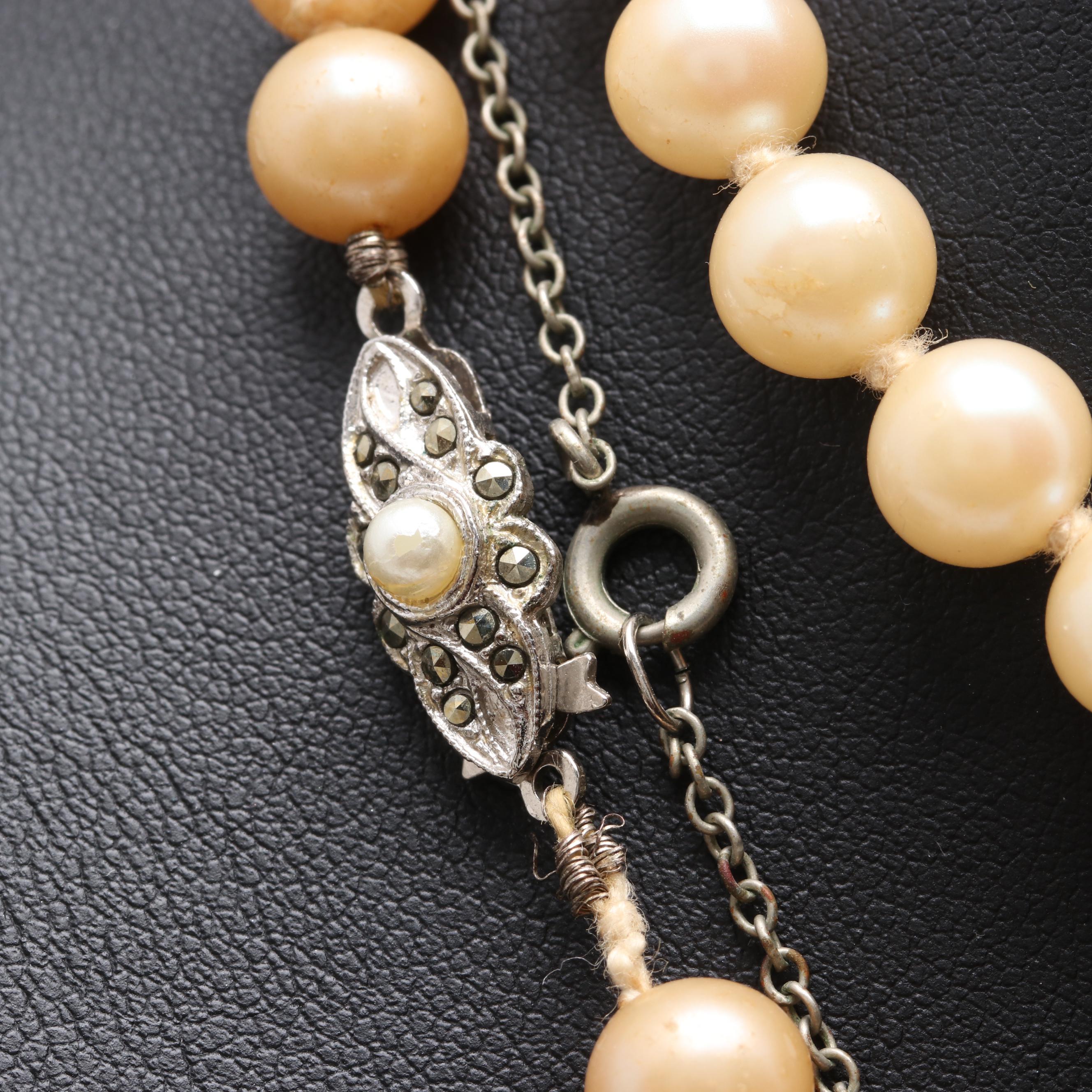 Vintage 800 Silver and Silver Tone Imitation Pearl and Marcasite Necklace