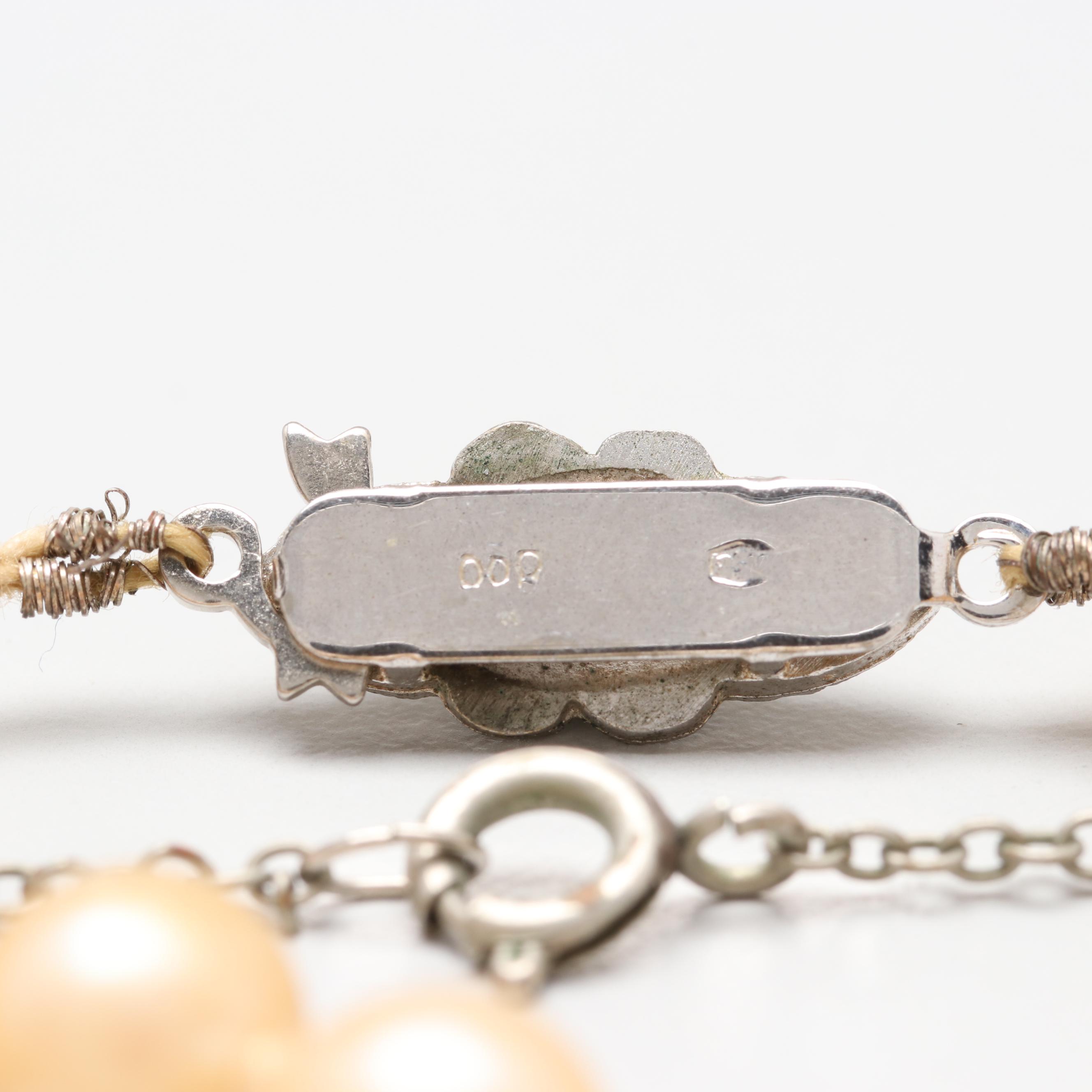 Vintage 800 Silver and Silver Tone Imitation Pearl and Marcasite Necklace