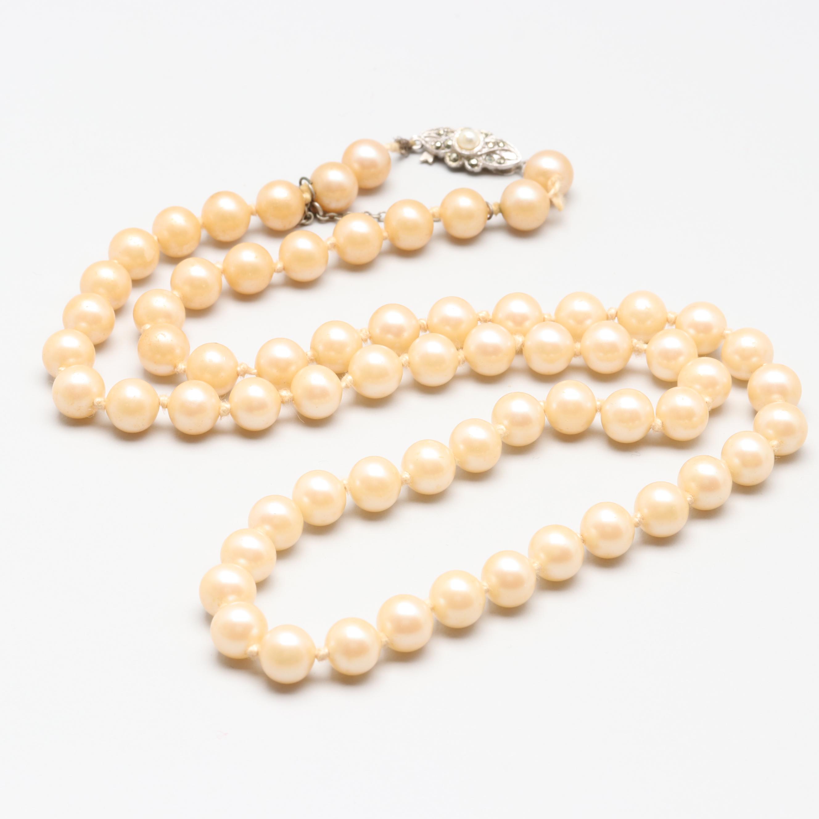 Vintage 800 Silver and Silver Tone Imitation Pearl and Marcasite Necklace