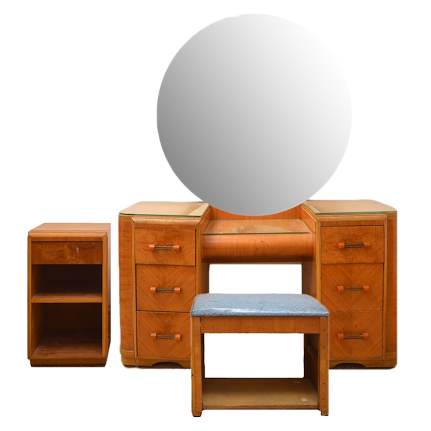 Art Deco Circular Mirror Waterfall Vanity with Bench and Nightstand