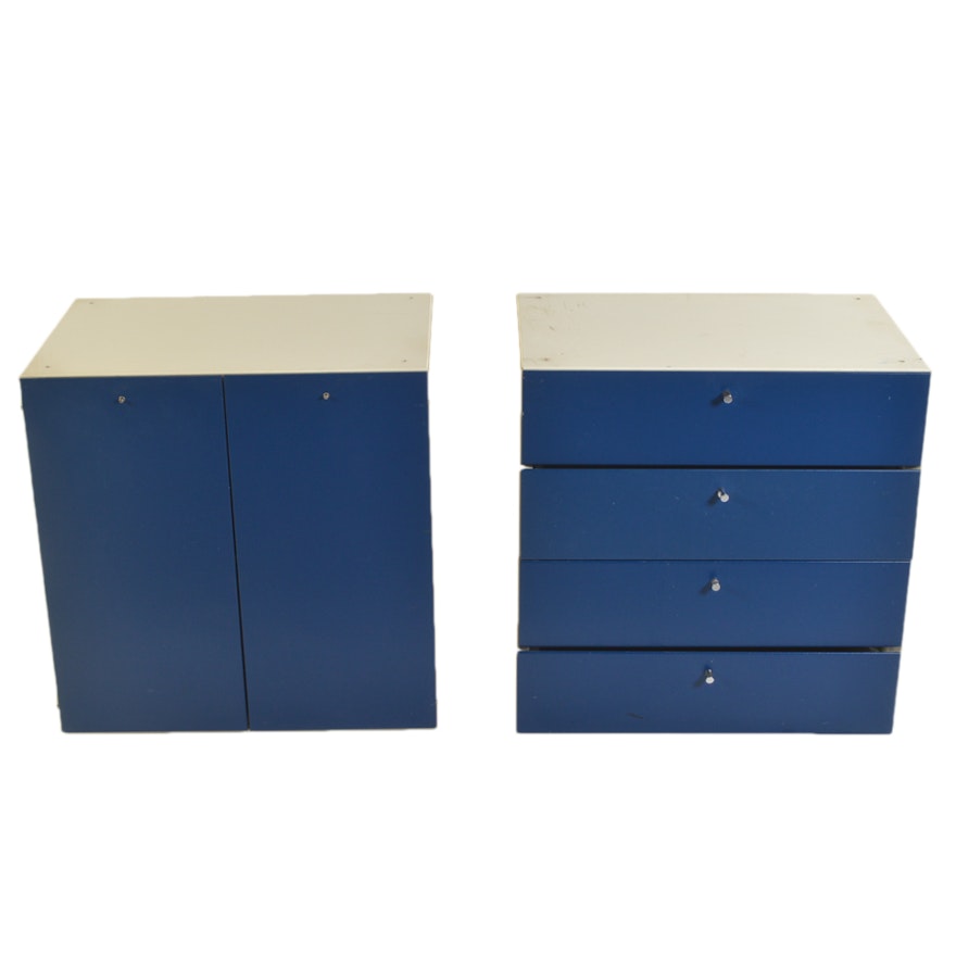 Blue and White Laminate Cabinet and Chest of Drawers