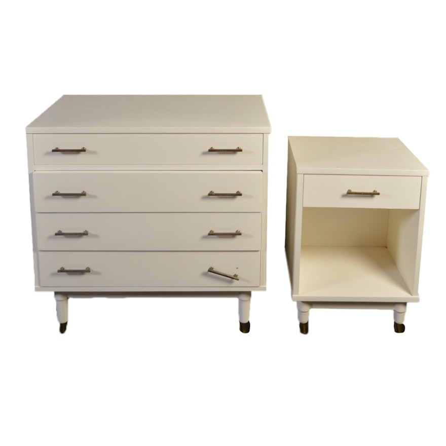 White Painted Mid Century Modern Chest of Drawers and Nightstand