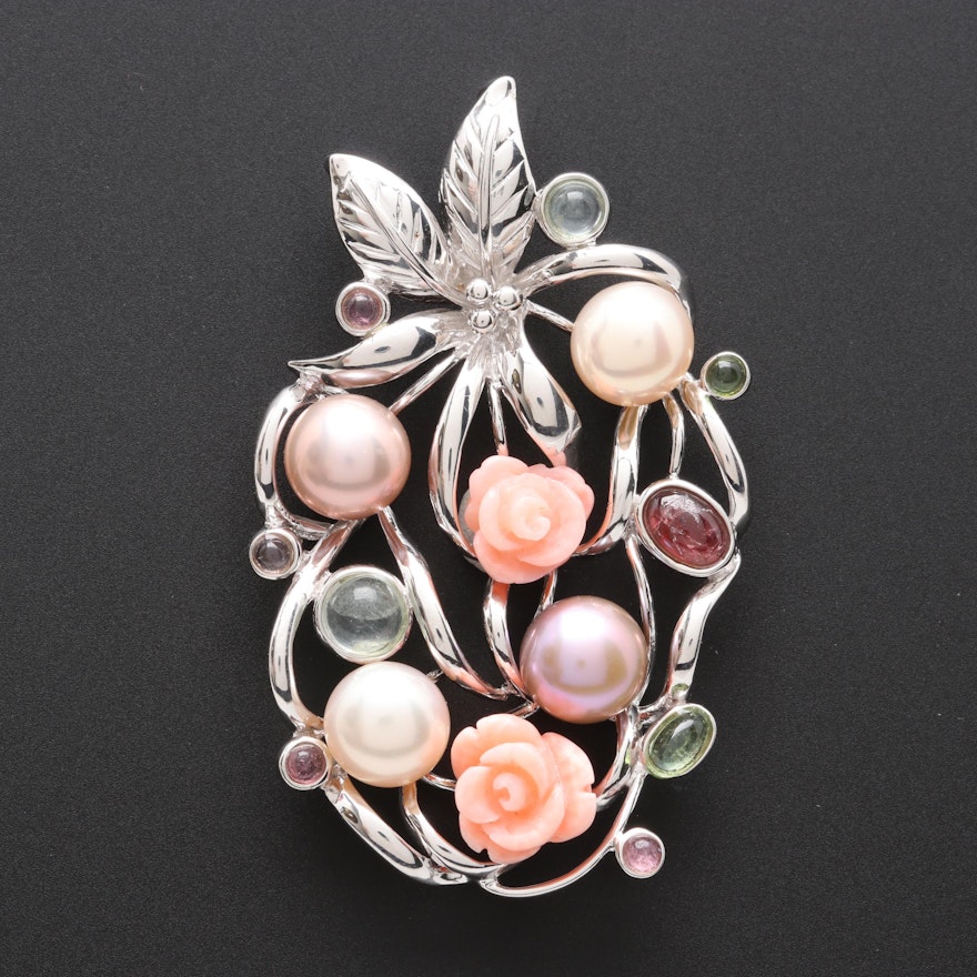 Sterling Silver Cultured Pearl, Coral and Pink Tourmaline Pendant