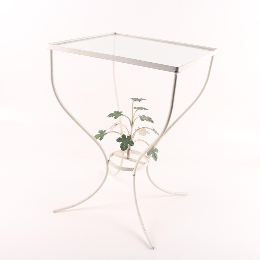 Vintage White Metal Patio Accent Table with Leaf Motif