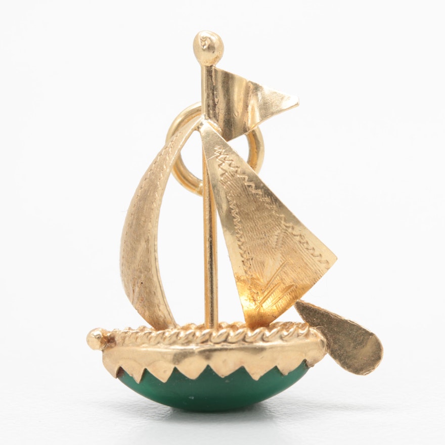 14K Yellow Gold Green Glass Sailboat Pendant