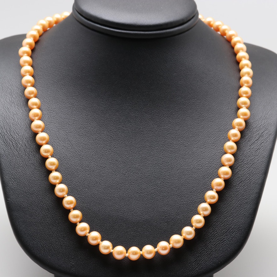 14K Yellow Gold Hand-Knotted Peach Cultured Pearl Necklace