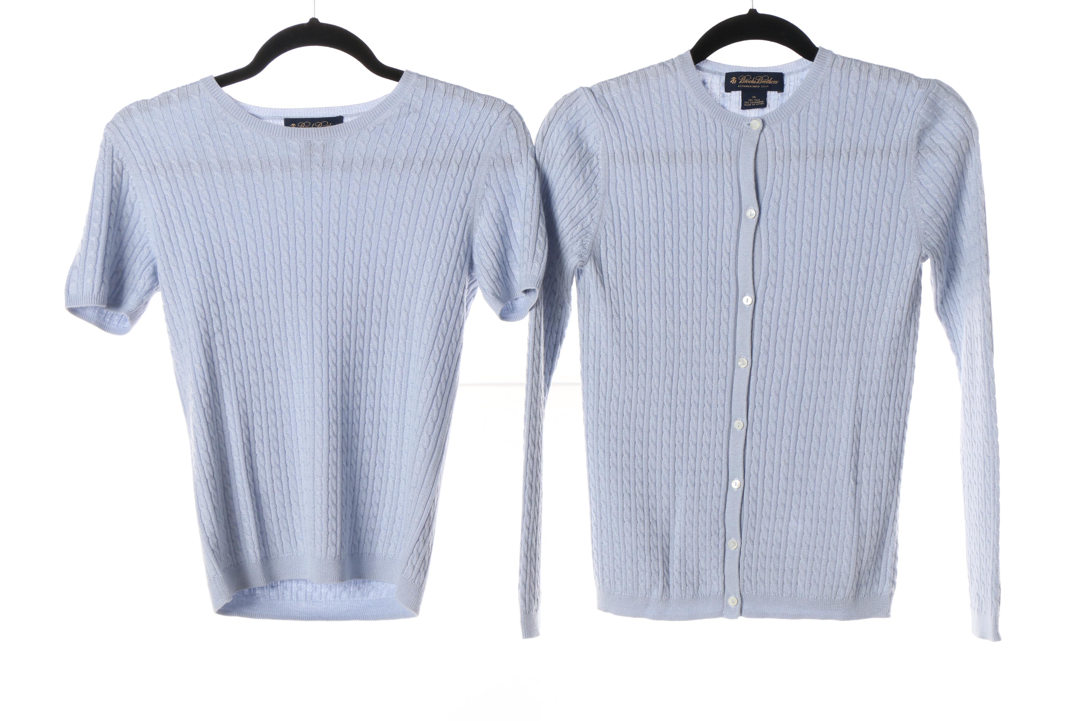 Brooks Brothers Light Blue and Cream Cable-Knit Cashmere/Silk Blend Sweater Sets