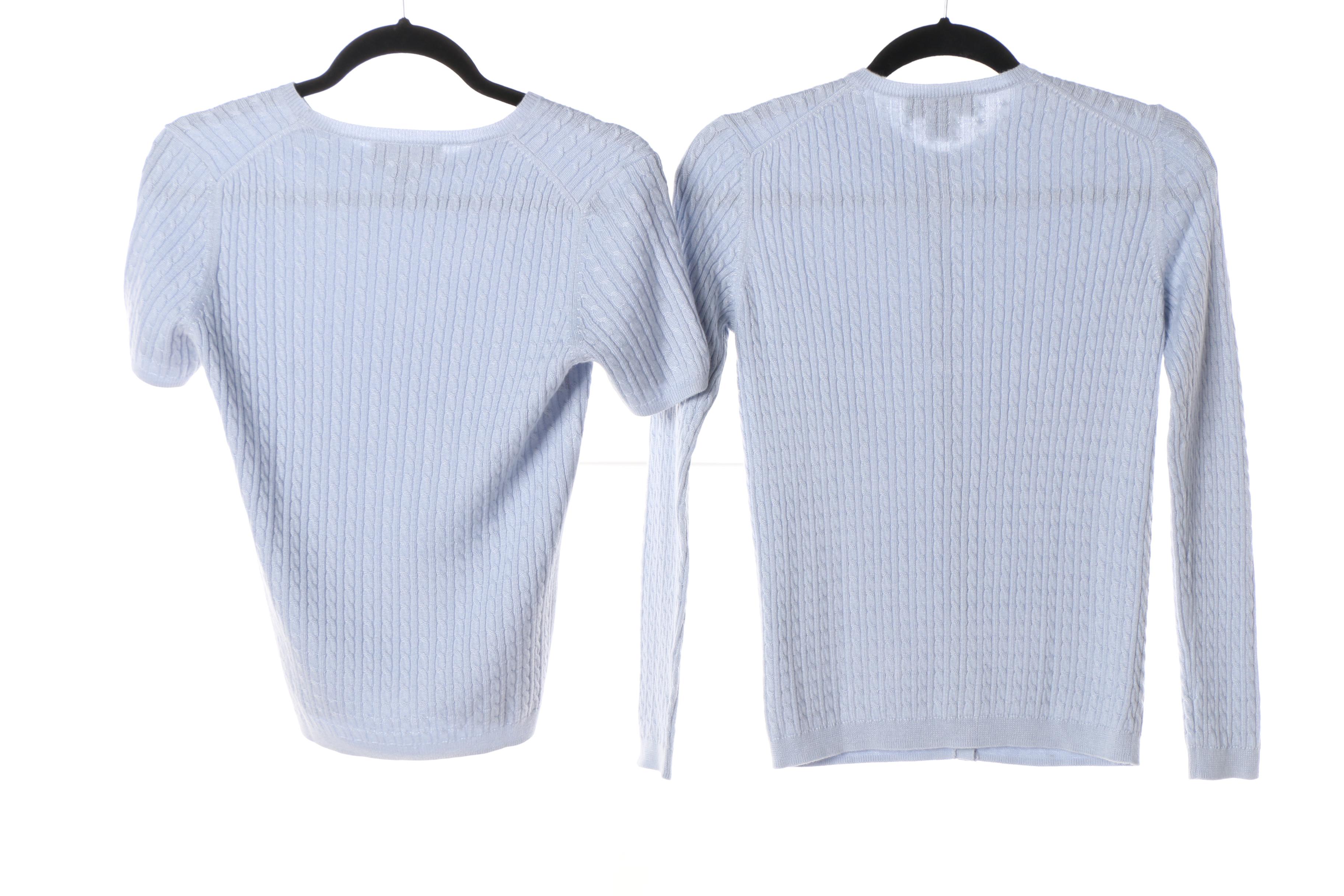 Brooks Brothers Light Blue and Cream Cable-Knit Cashmere/Silk Blend Sweater Sets