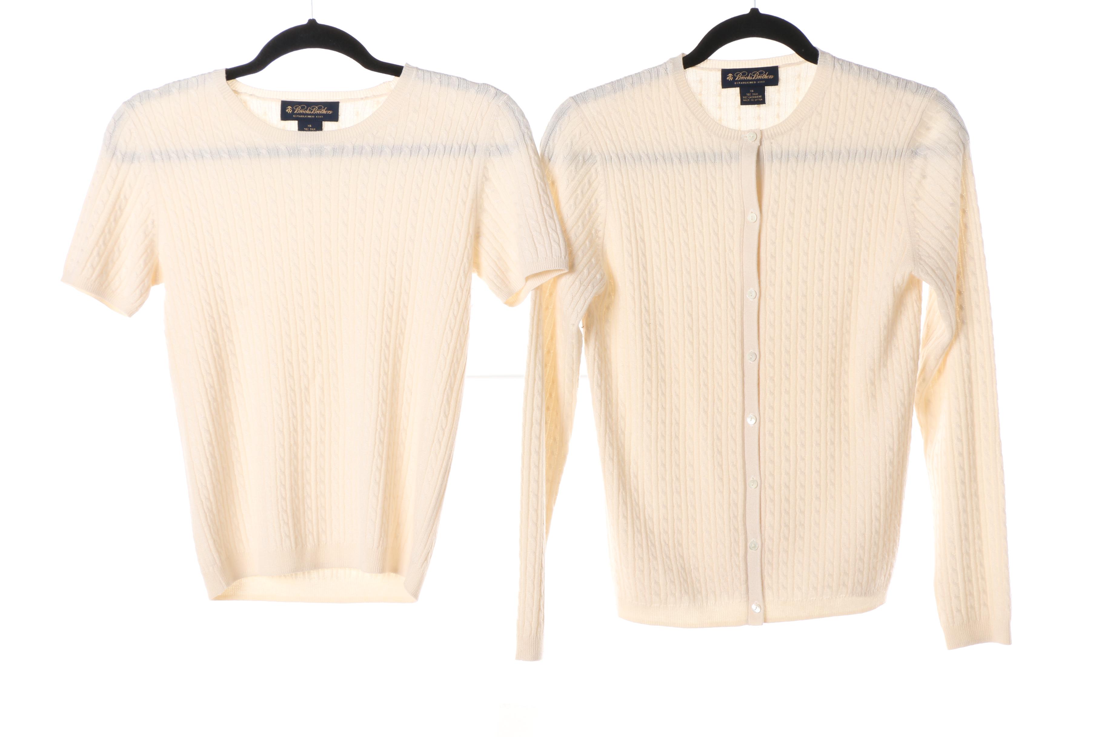 Brooks Brothers Light Blue and Cream Cable-Knit Cashmere/Silk Blend Sweater Sets