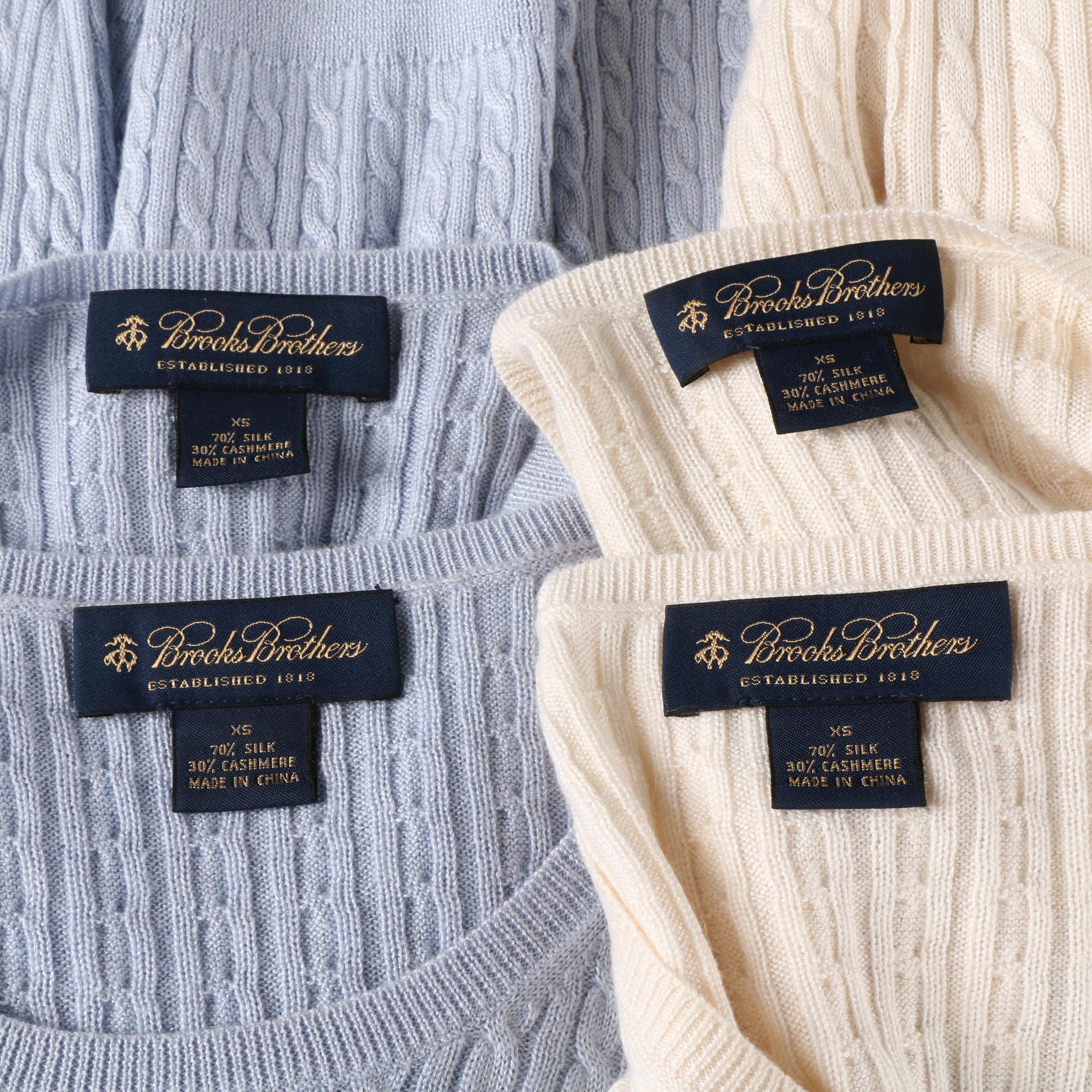 Brooks Brothers Light Blue and Cream Cable-Knit Cashmere/Silk Blend Sweater Sets