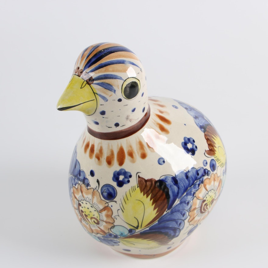 Mexican Tonala Style Hand-Painted Floral Earthenware Bird Statuette