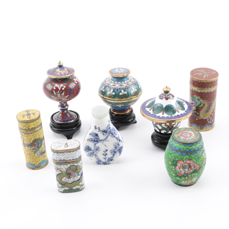 Chinese Miniature Cloisonné Boxes and Jars with Ceramic Snuff Bottle